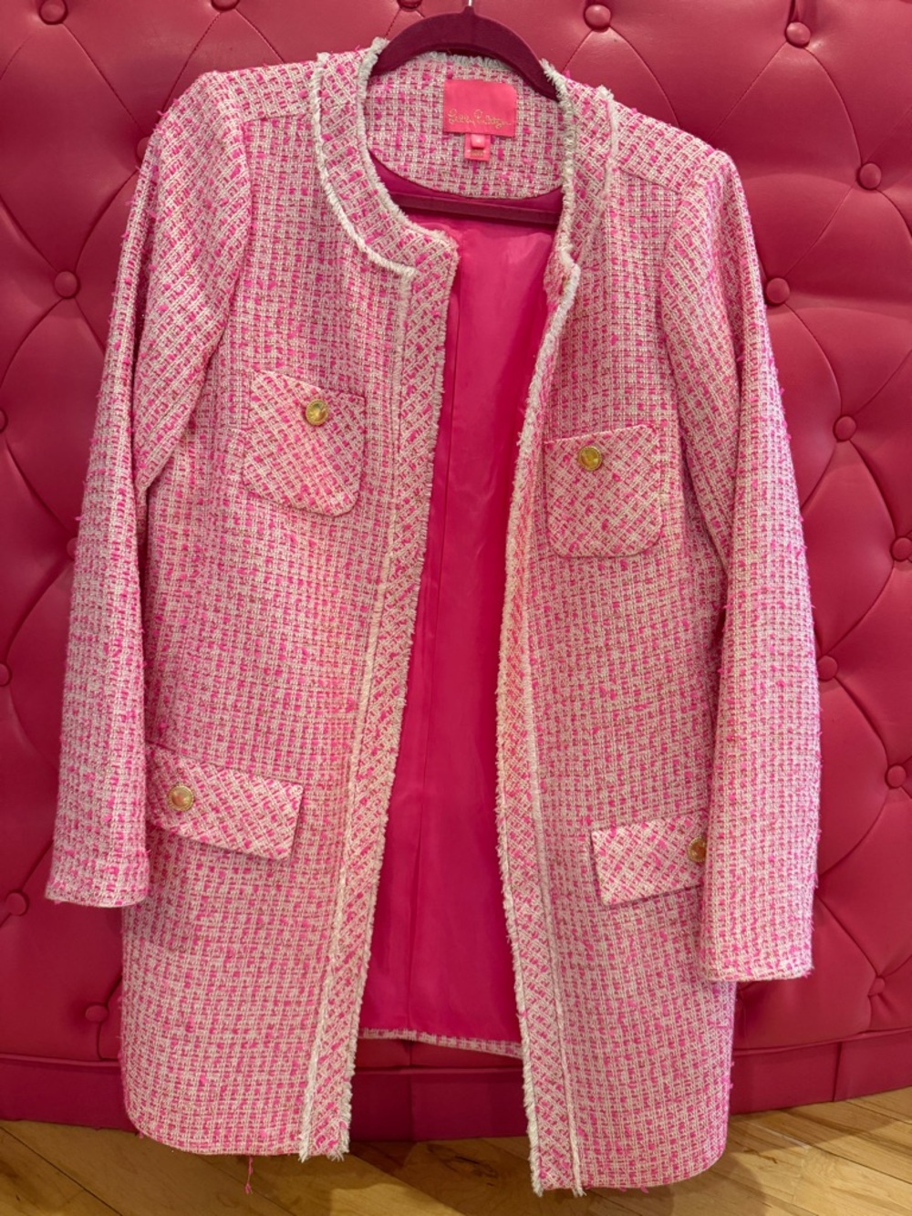 Lilly Pulitzer Pink and White Tweed Jacket with Gold Threading